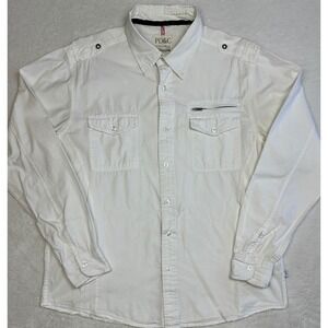PD&C Mens White Cotton Utility Button‎ Down Shirt Long Sleeve Epaulettes Large